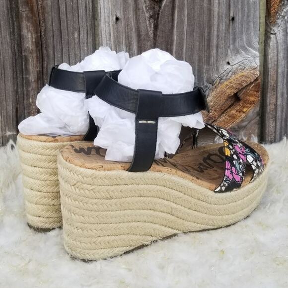 Platform Wedge Espadrille Sandals Sam Edelman Destin Size 10 Black Leather Strap - Picture 6 of 14